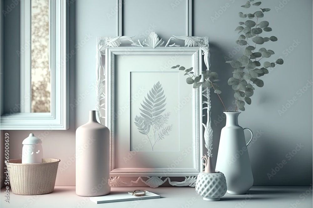 Poster a white frame sitting next to a vase and a mirror on a table next to a plant and a vase with a flowe