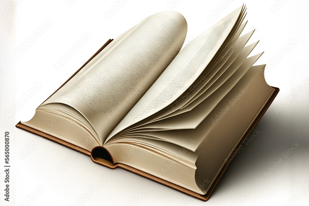 Poster an open book with pages folded in a spiral on a white background with a wooden frame around it and a