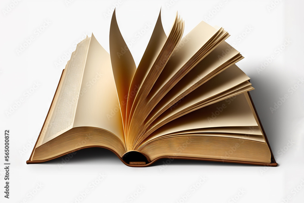 Poster an open book with pages folded in half on a white background with a shadow of a bookmark on the top 