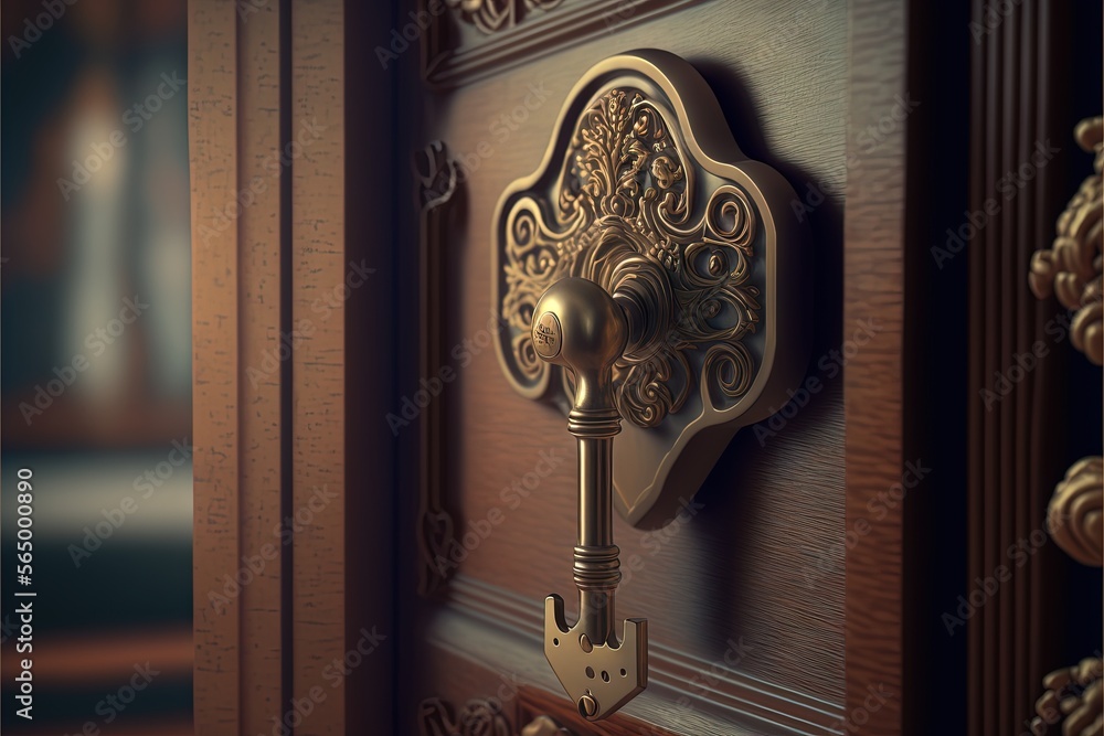 Poster a golden door handle on a wooden door with a gold key on it and a brown door handle on the door with