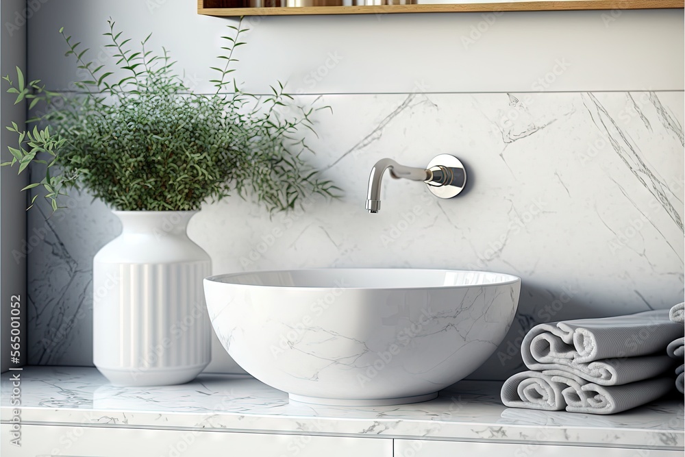 Poster a white bowl sink sitting on top of a counter next to a mirror and a vase with a plant in it on a co