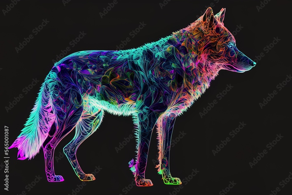 Poster wolf with neon eyes and trippy patterns is aartwork that does not represent any particular place or 