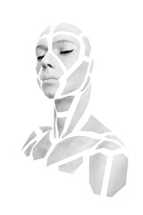 Portrait of a person with creative art grey makeup posing in the studio. Shape of light gray polygons on beautiful human face, neck and shoulders. Geometrical pattern isolated on white background.