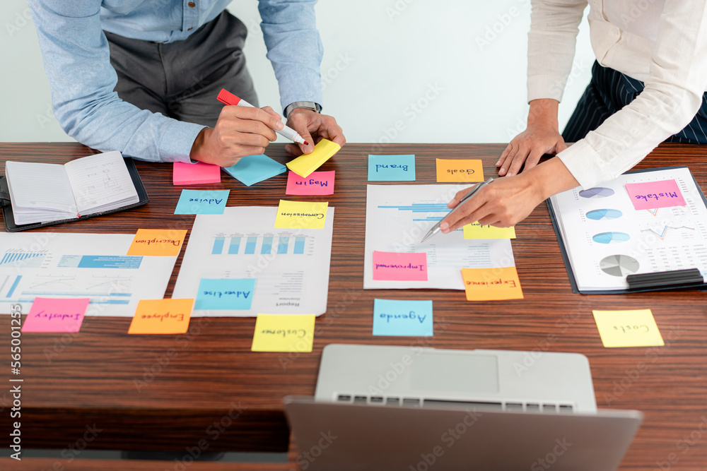 Poster business executive team brainstorm and takes notes on keyword about a new business project for marke