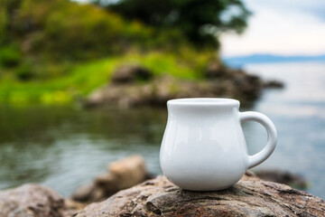 A cream mug standing still on the top of a rock while showing the out of focus scenery at the background
