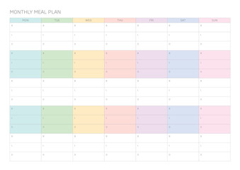 A monthly meal plan design template in a modern, simple, and minimalist style. Note, scheduler, diary, calendar, planner document template illustration.