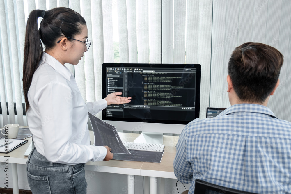 Leinwandbilder Team of two professional programmers working on website projects in software development and making coding and typing data code password security in office
