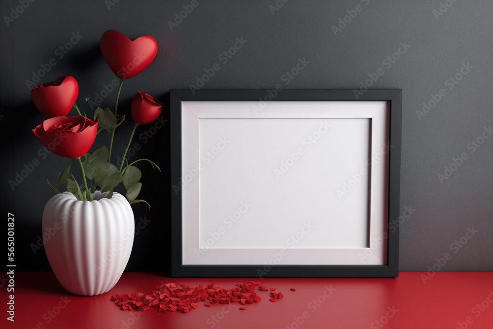 Poster a vase with red flowers and a picture frame with a message on it that says hey land on it and a few 
