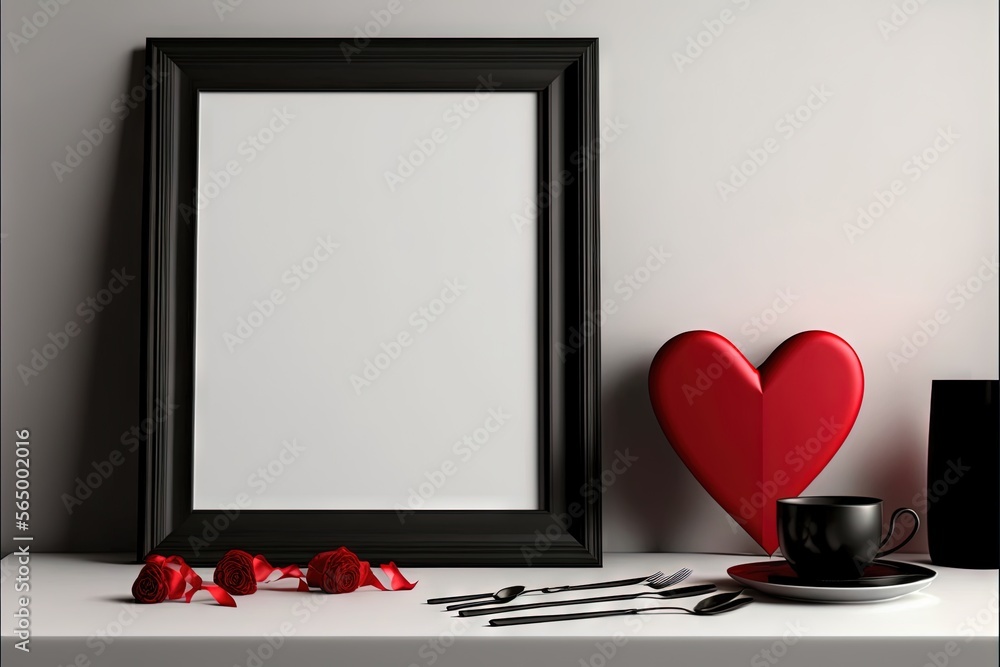 Poster a picture frame, a cup, a fork and a knife on a table with a heart shaped box and a fork and spoon o