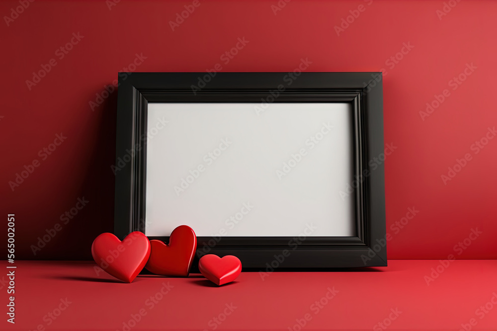 Poster a picture frame with two hearts sitting next to it on a red surface with a white background and a bl