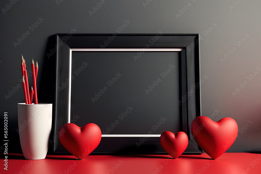 Poster a picture frame with a picture of a couple of hearts and a vase with a pencil in it and a couple of 