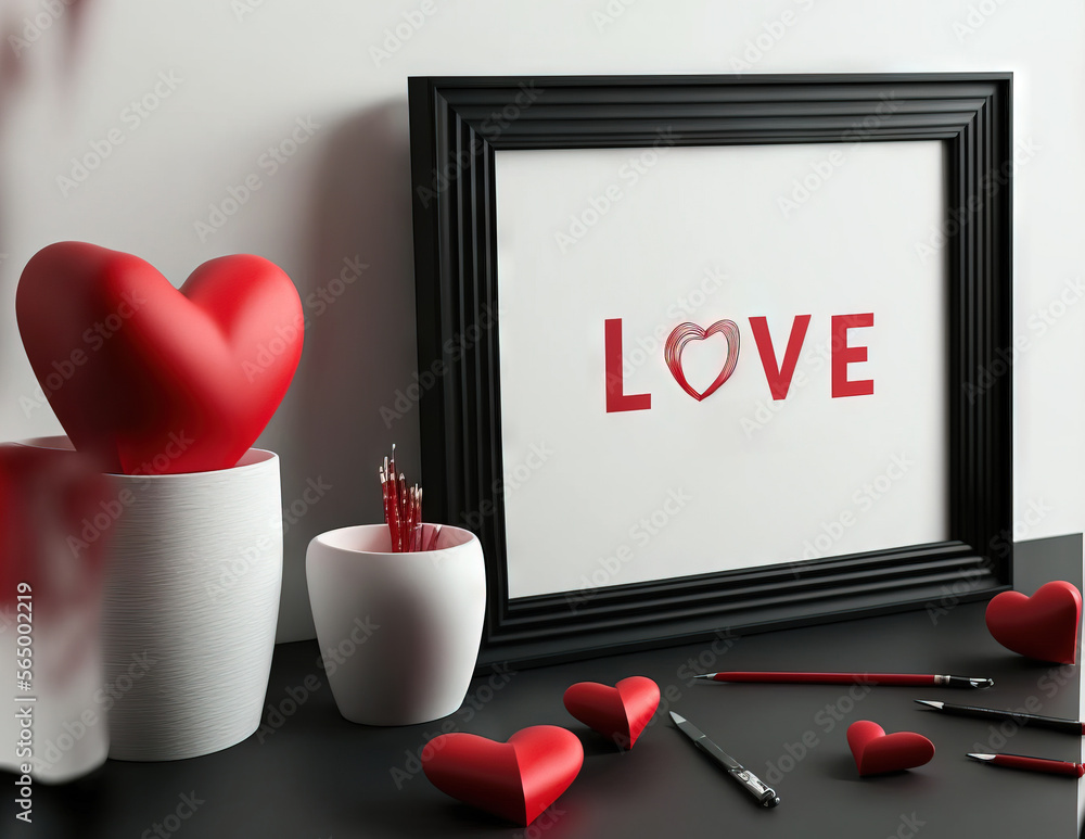 Poster a picture frame with a heart and a vase with a pen and pencils on a table with a vase and a heart sh