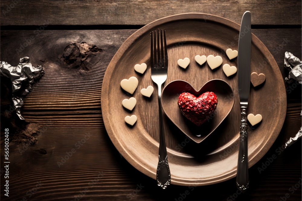 Poster a plate with a heart shaped cookie on it and a knife and fork on it with hearts on it and a spoon an