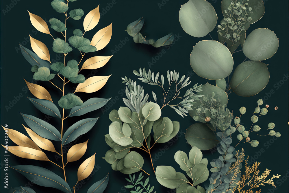 Poster a collection of plants and leaves on a dark background with a gold foil effect and a green backgroun