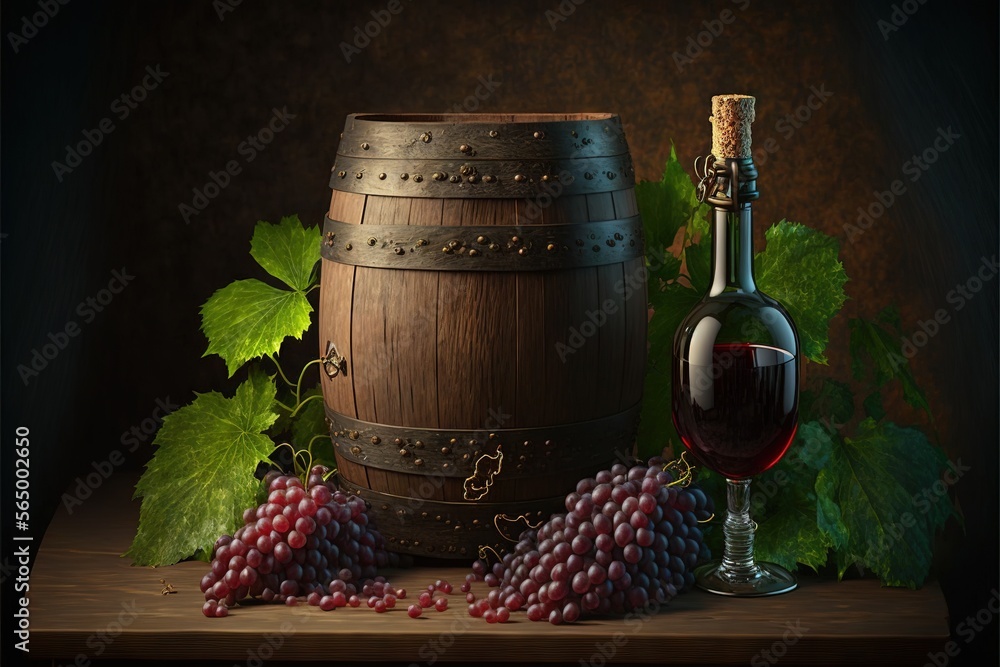 Poster a painting of a barrel and a glass of wine on a table with grapes and leaves around it and a corkscr
