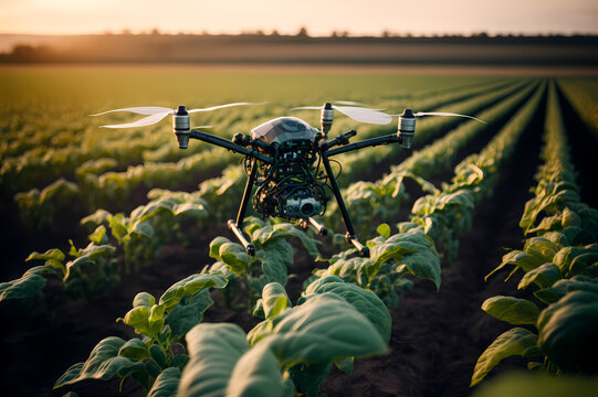 Agronomist drone observes and checks growth and health of tobacco leaves. Concept robots agricultural industry.Generation AI
