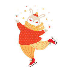 Cute bunny ice skating. Funny cartoon character rabbit throws a serpentine in shape of stars. Hare in warm winter clothes isolated on white background. New Year or Christmas. Hand drawn illustration.