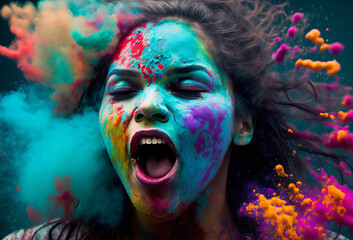 Holi festival celebration. People with bright powder colours. Generative ai