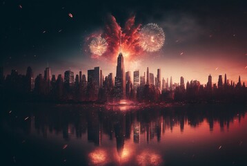 Obraz na płótnie Canvas New York City Skyline with Flashing Fireworks - A night long exposure of New Years Eve Celebration. AI generated