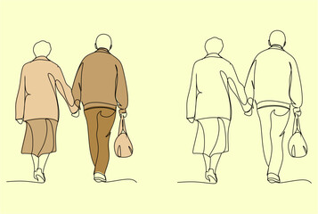 Elderly couple in continuous line art drawing style. Senior man and woman walking together holding hands. Minimalist black linear sketch isolated on white background. Vector illustration