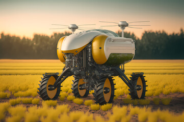 Agriculture drone for spraying fertilizer and pesticide over farmland. Concept modern technology innovations and smart farming. Generation AI