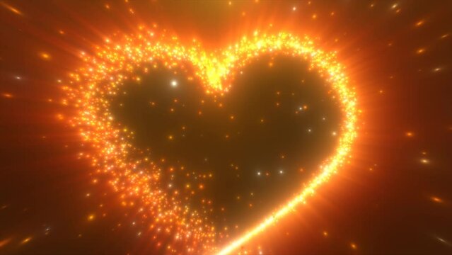 Glowing yellow gold love heart made of particles on a yellow festive background for Valentine's Day. Video 4k, motion design