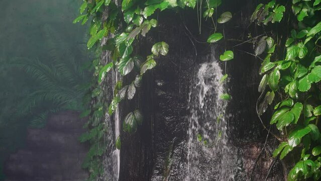 indoor artificial waterfall at Omaha's Henry Doorly Zoo with water falling in a mistic way, dry and green trees. Handheld