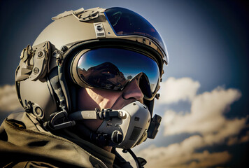 Head shot of fighter pilot flying on the high sky in the airspace for national defense or world war. Portrait of soldier