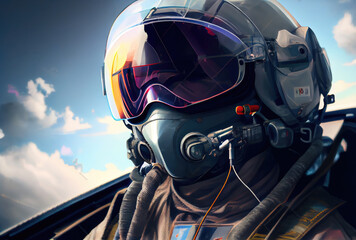 Fototapeta premium Head shot of fighter pilot flying on the high sky in the airspace for national defense or world war. Portrait of soldier. Generative AI