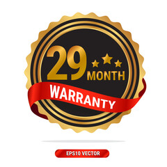 29 month warranty golden seal, stamp, badge, stamp, sign, label with red ribbon isolated on white background.