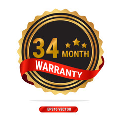 34 month warranty golden seal, stamp, badge, stamp, sign, label with red ribbon isolated on white background.