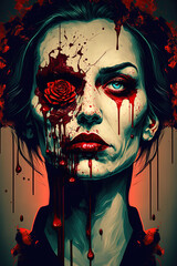 Woman vampire. Face covered in blood. Bloody Valentine concept. Horror poster, wall art. Generative Ai