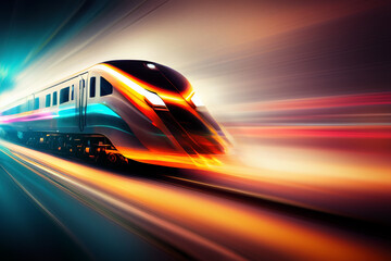 Obraz na płótnie Canvas High speed train of the future with motion blur and glowing light effects. Future transportation concept. Digitally generated AI image