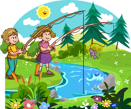 Doodle Kids Fishing at River illustration  cartoon vector