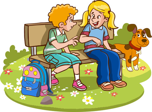 recommend clip art: kids sitting on bench and talking cartoon vector
