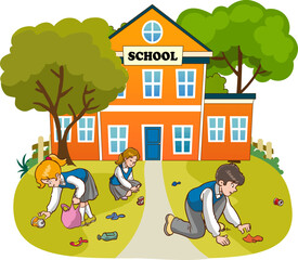Obraz na płótnie Canvas Kids volunteering cleaning up school cartoon vector illustration 