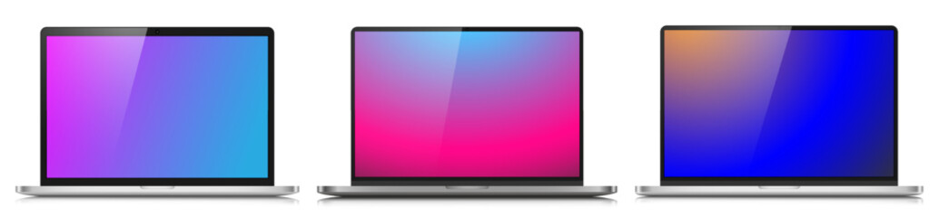 A set of realistic laptop layouts with a color gradient screen and reflection on a white background. Vector illustration.