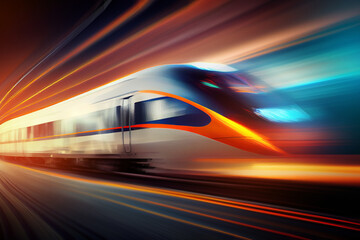 Fototapeta na wymiar High speed train of the future with motion blur and glowing light effects. Future transportation concept. Digitally generated AI image