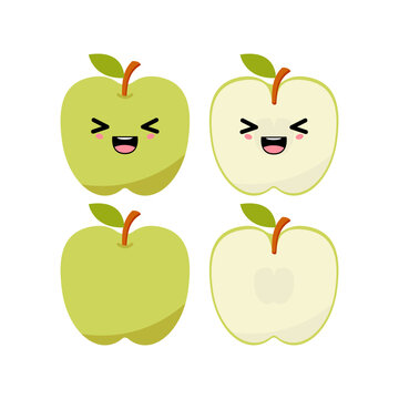Laughing green apple with kawaii emoji. Flat design vector illustration of green apple on white background