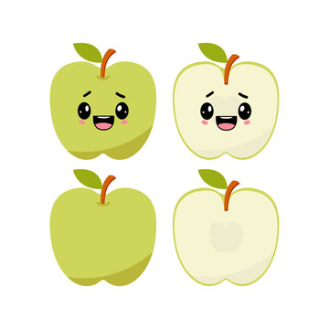 Happy green apple with kawaii emoji. Flat design vector illustration of green apple on white background
