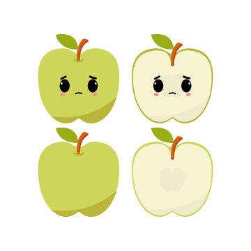 Upset green apple with kawaii emoji. Flat design vector illustration of green apple in white background	