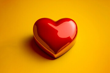 Valentines Day red love heart, glossy texture, yellow background, holiday, background, wallpaper, web, social media app.