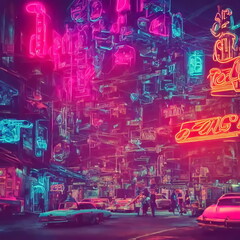 Cyberpunk city illustration, Vintage atmosphere with oldie car and glowing neon sign in chaos market give feeling back to 80s by Stable Diffusion Generative AI.