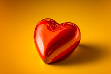Valentines Day red love heart, glossy texture, yellow background, holiday, background, wallpaper, web, social media app.