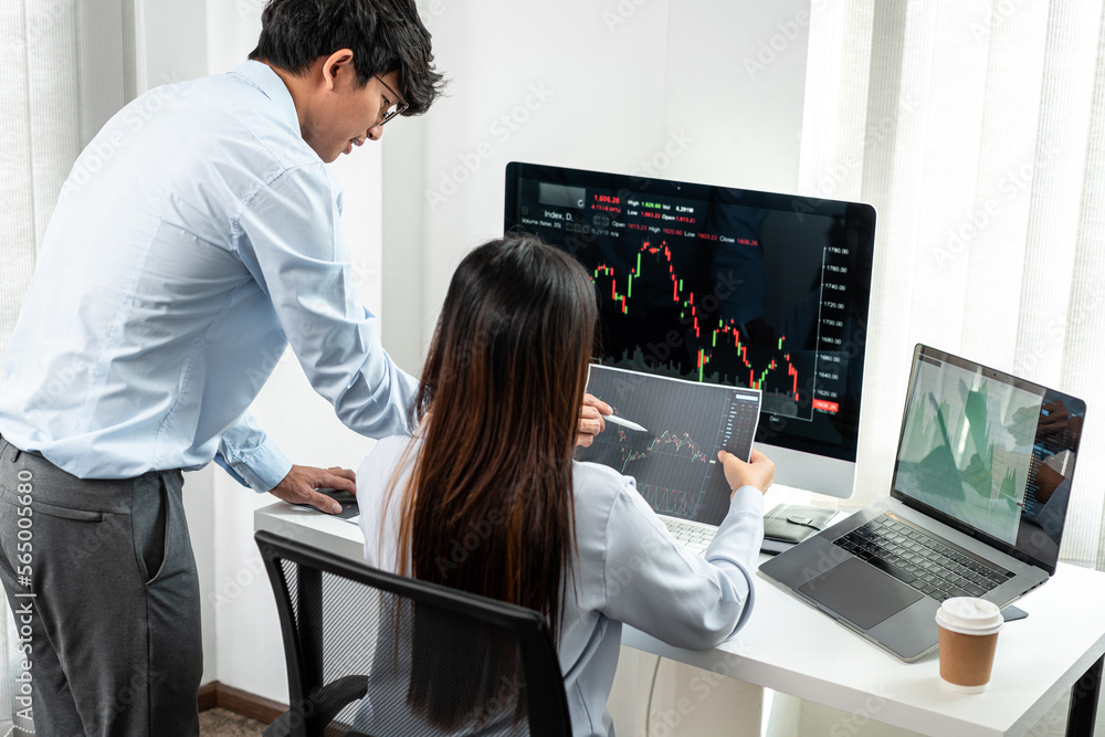 Poster investor business team working with computer, tablet and analyzing graph stock market trading planni