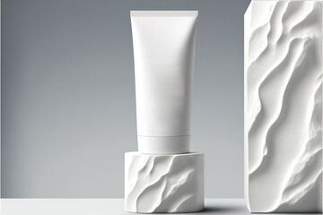 Cosmetic beauty product packaging template. White tube on a rock podium. Generative AI