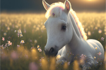 Obraz na płótnie Canvas Horse in a field of flowers with a beautiful sunset, Fantasy Background, Illustration generative ai
