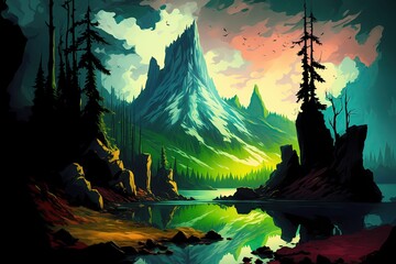 A beautiful landscape illustration, Lo-fi, Dramatic. High quality Illustration. Generative AI