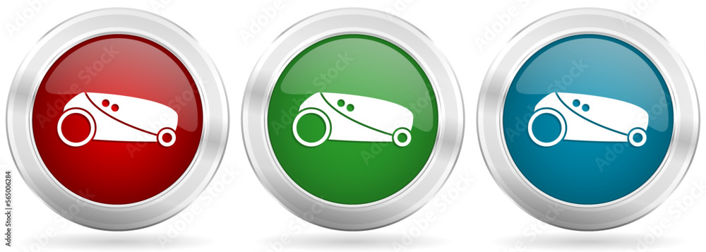 Aufkleber Robot, automatic grass mower vector icon set. Red, blue and green silver metallic web buttons with chrome border