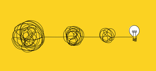 idea generation and collecting thoughts concept, brainstorming continuous single line drawing with complex entangled line unraveling to glowing light bulb, line art vector illustration
